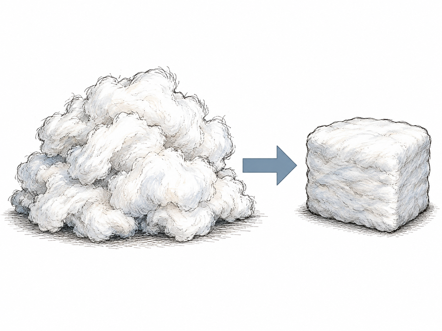 The same loose pile of cotton is compressed into a smaller dense block, with one gentle inward arrow; selects make-denser sense without a misleading vapor cloud.