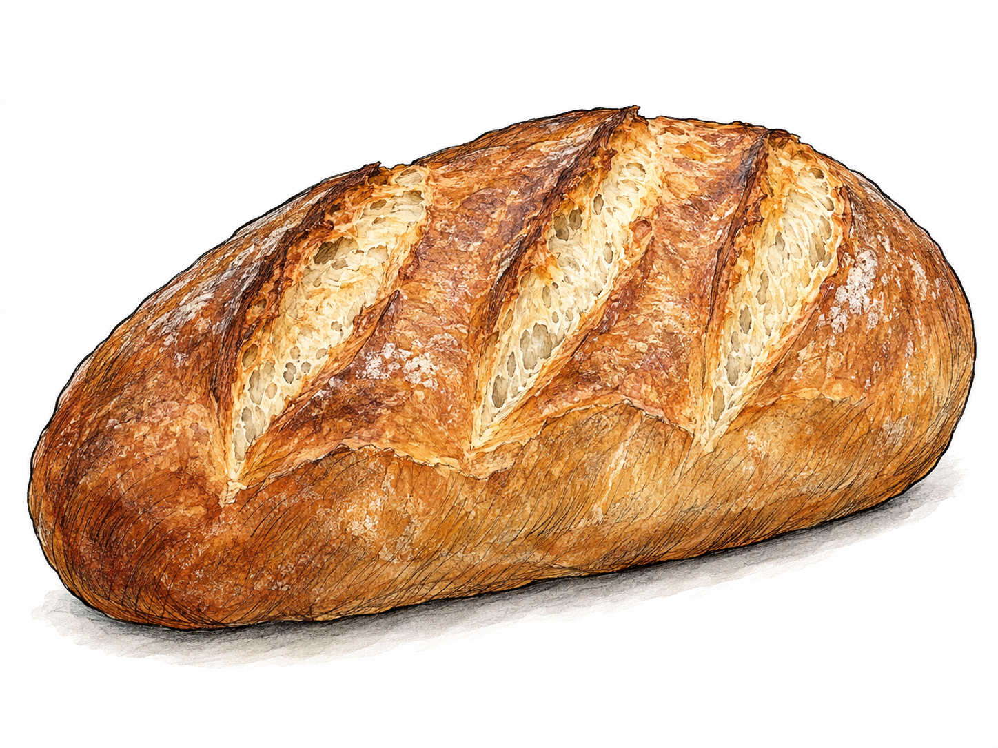 One intact, oblong loaf of bread with a golden-brown crust and three diagonal baked scoring marks, shown alone in three-quarter view.