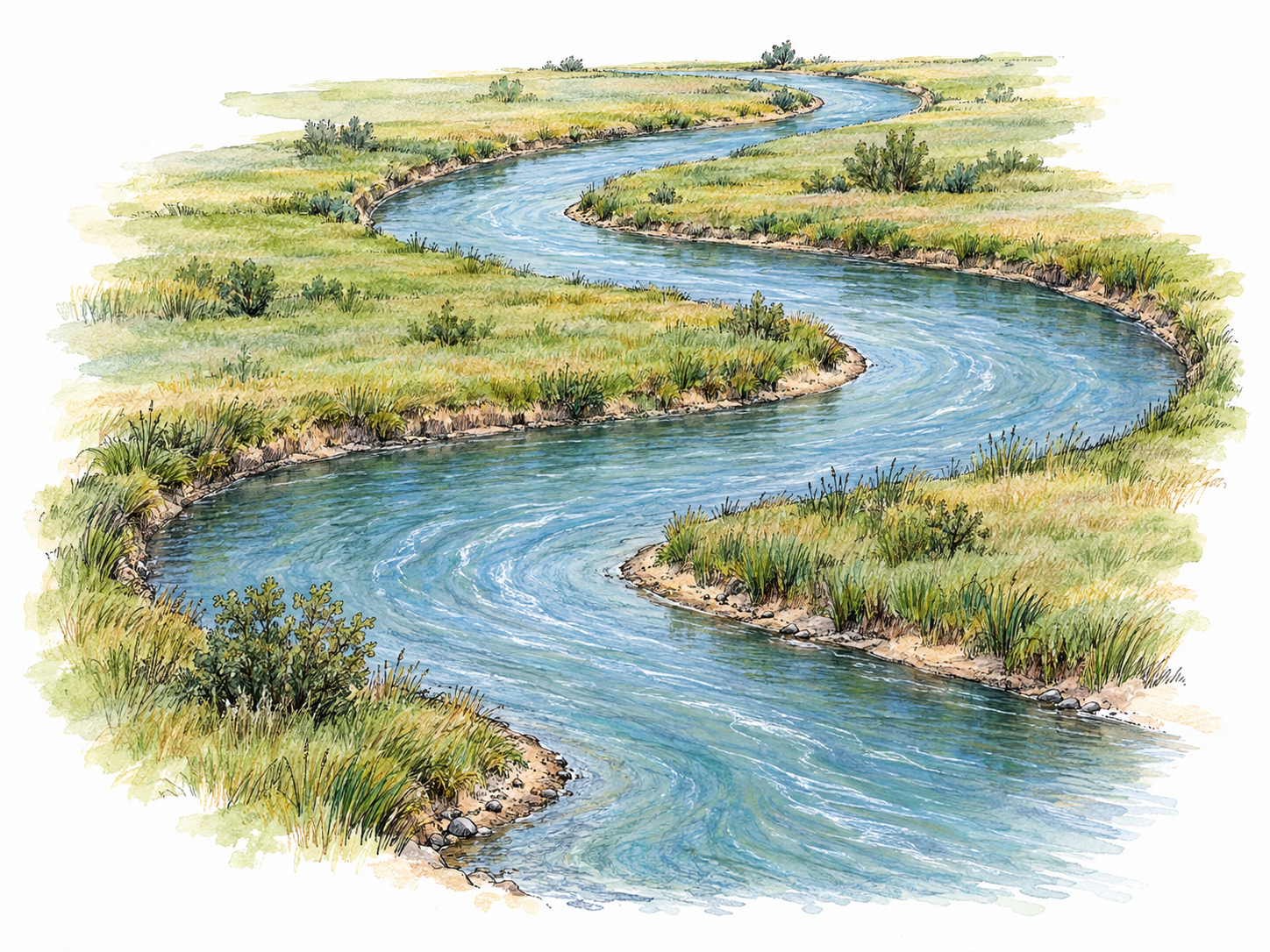 A river follows a conspicuously winding course through a simple grassy floodplain, with three broad alternating bends visible in one elevated view.