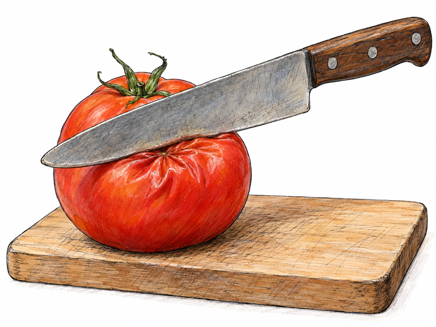 A worn kitchen knife presses into a ripe tomato but crushes and wrinkles its skin instead of slicing it, concretely illustrating the 'not sharp' branch of the frozen meaning.