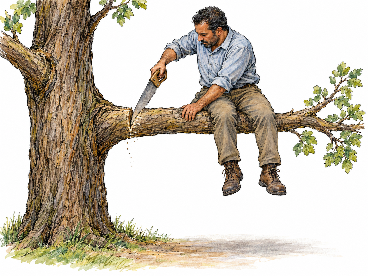 A man saws through the very tree branch he is sitting on, with the cut between his body and the trunk—an immediately visible example of poor judgment.