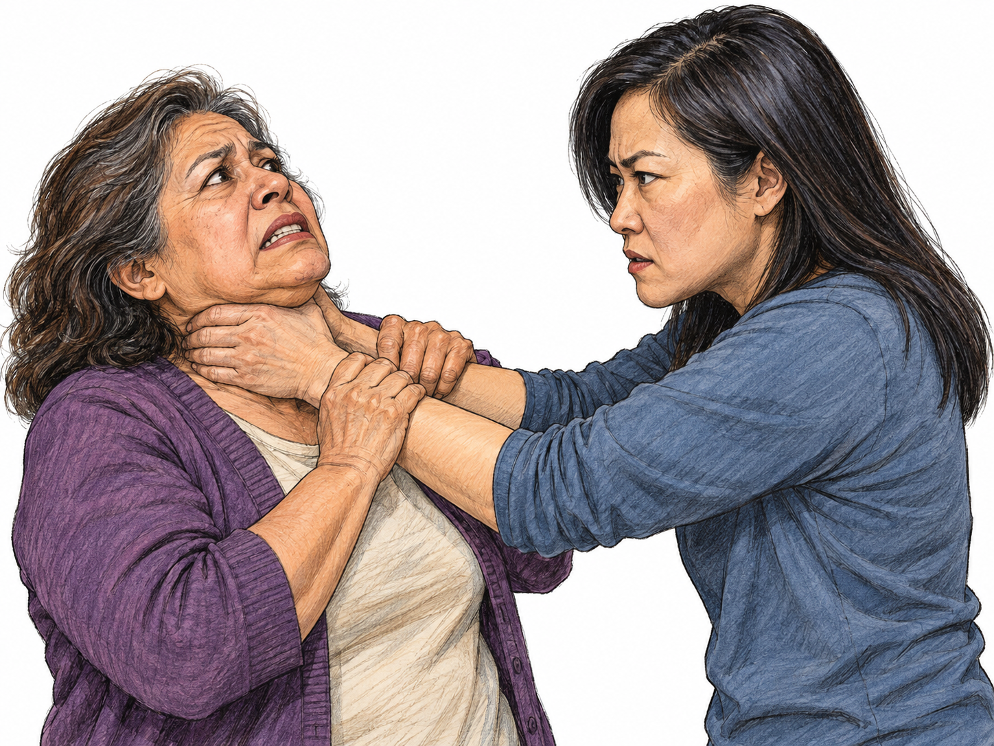 A restrained, non-graphic close view of one adult compressing another adult's throat with both hands while the victim grips the attacker's wrists in visible distress.