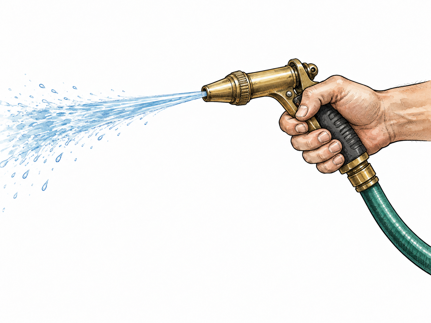 A brass garden-hose nozzle controls a focused stream of water, trigger and narrow outlet clear.