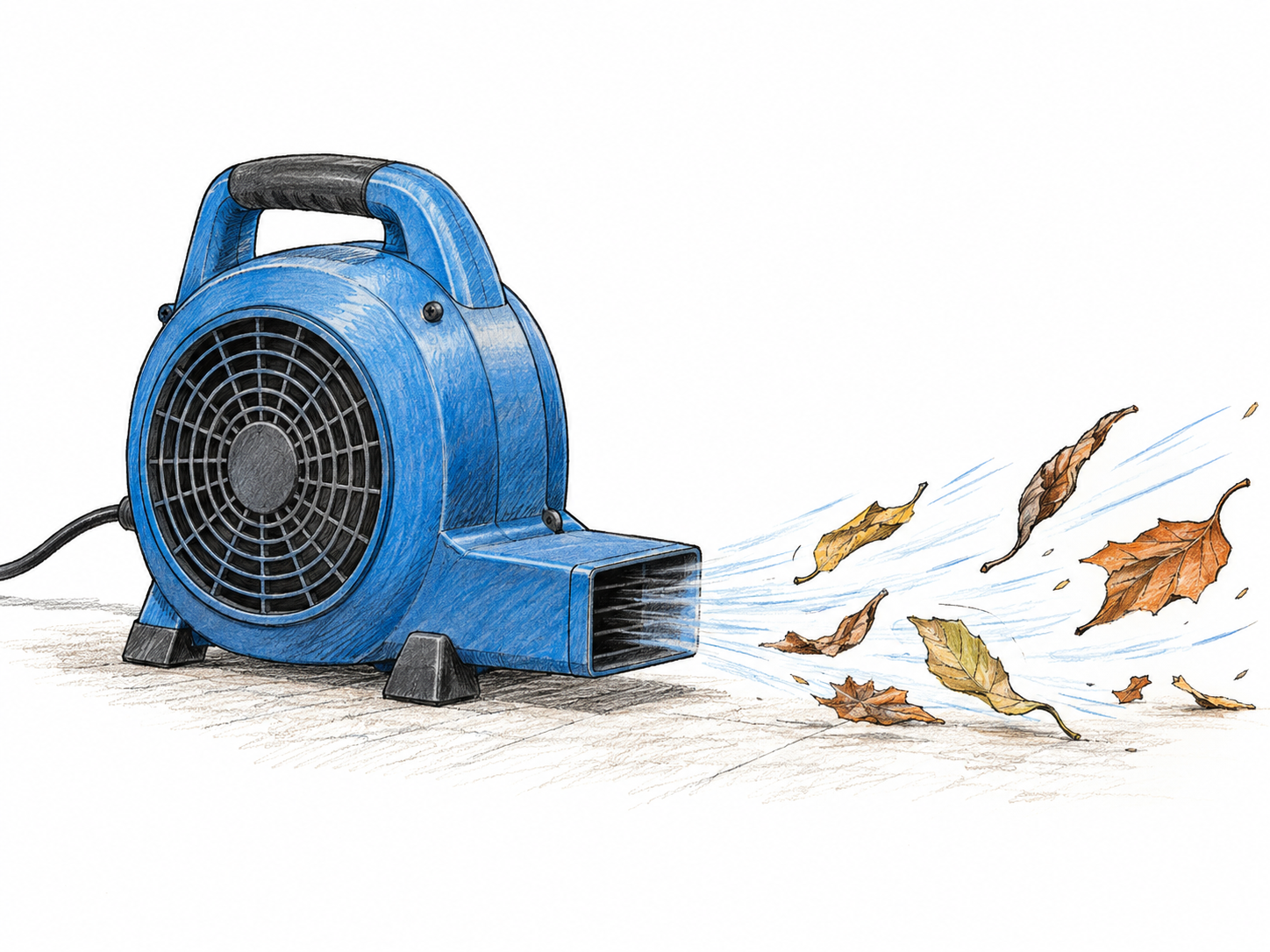 A portable electric blower sends a forceful stream of air across a floor, lifting and scattering dry leaves directly in front of its outlet.