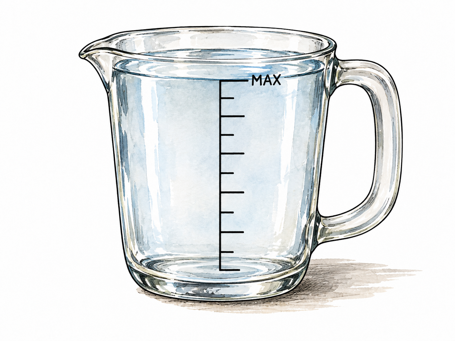 A measuring jug filled precisely to its marked MAX line, no overflow.