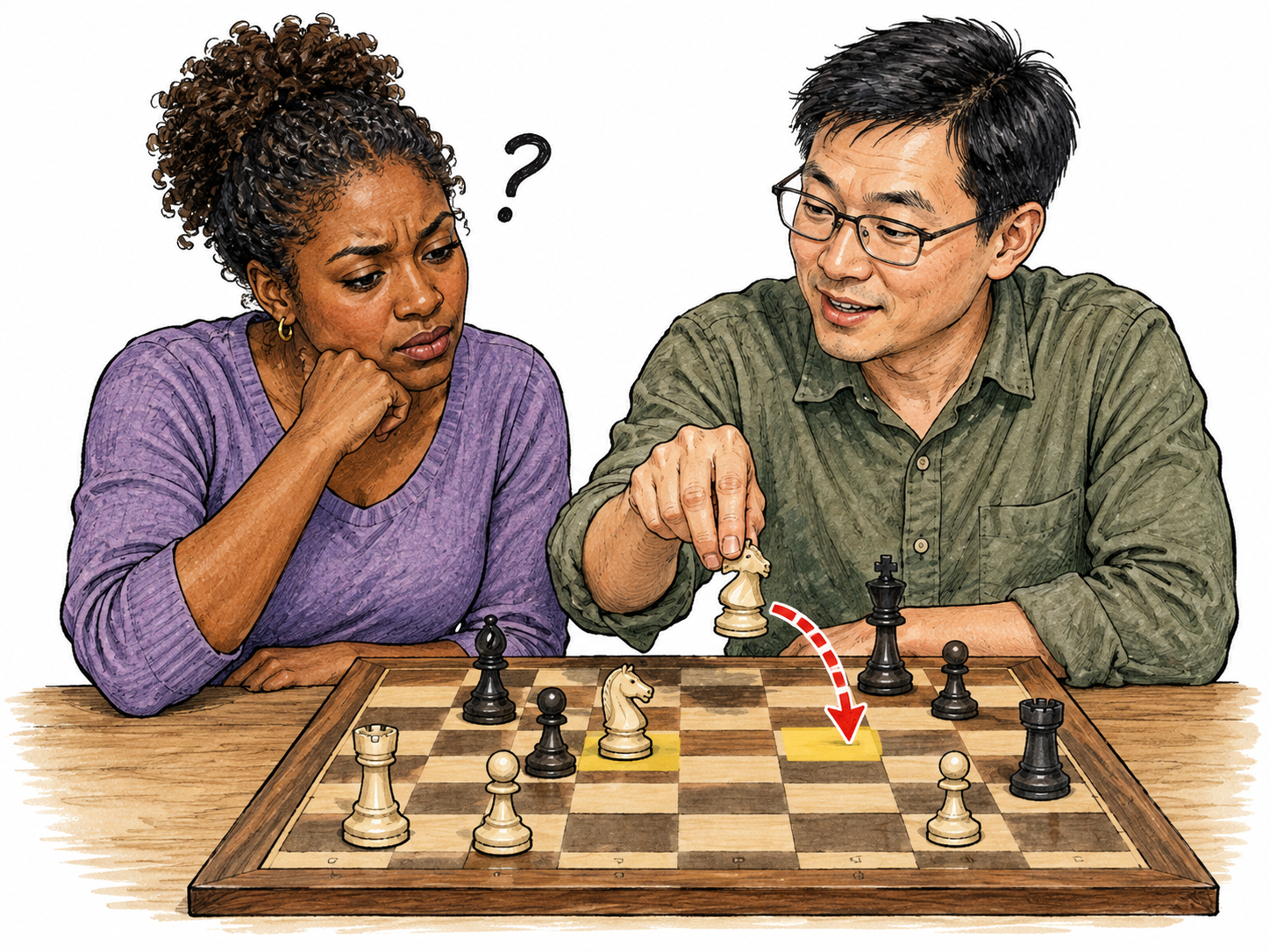 A newcomer looks puzzled at an unfamiliar chess position while a friend demonstrates a knight move; lack of specific knowledge, no caricature.