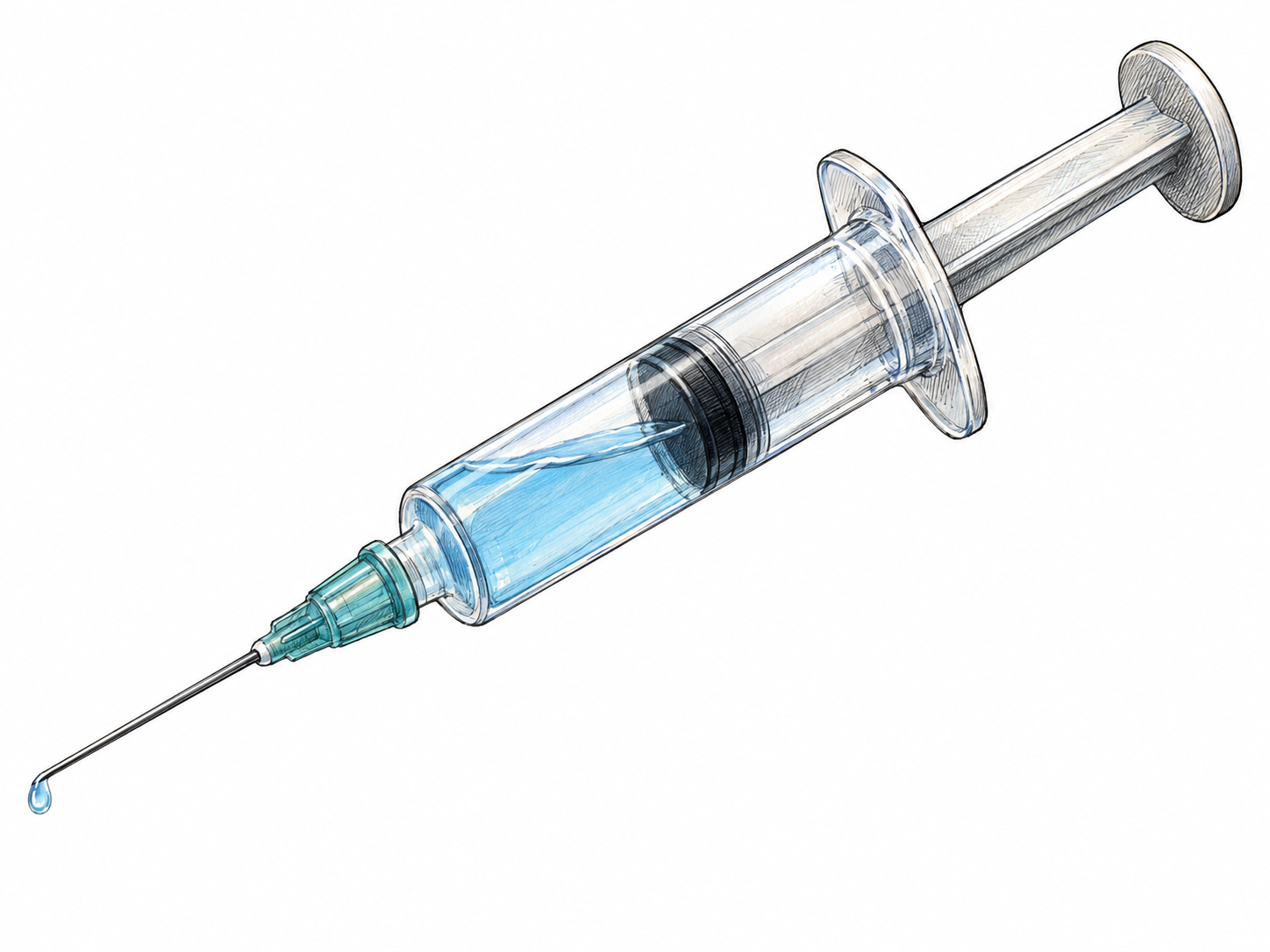 An isolated medical syringe with a transparent barrel partly filled with pale blue liquid, a clearly visible rubber piston, extended plunger, finger flanges, and attached fine needle.