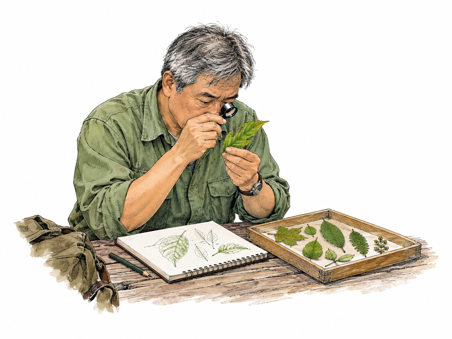 A field scientist studies a leaf through a hand lens and compares it with several leaves on a small specimen tray, recording a botanical sketch.