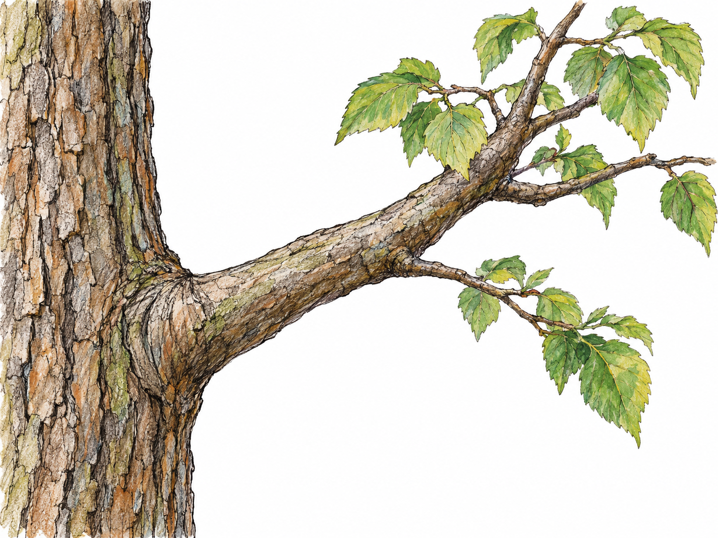 A close view of a substantial woody branch growing directly from a tree trunk, with its attached base, bark, tapering limb, smaller twigs, and a few green leaves clearly visible.