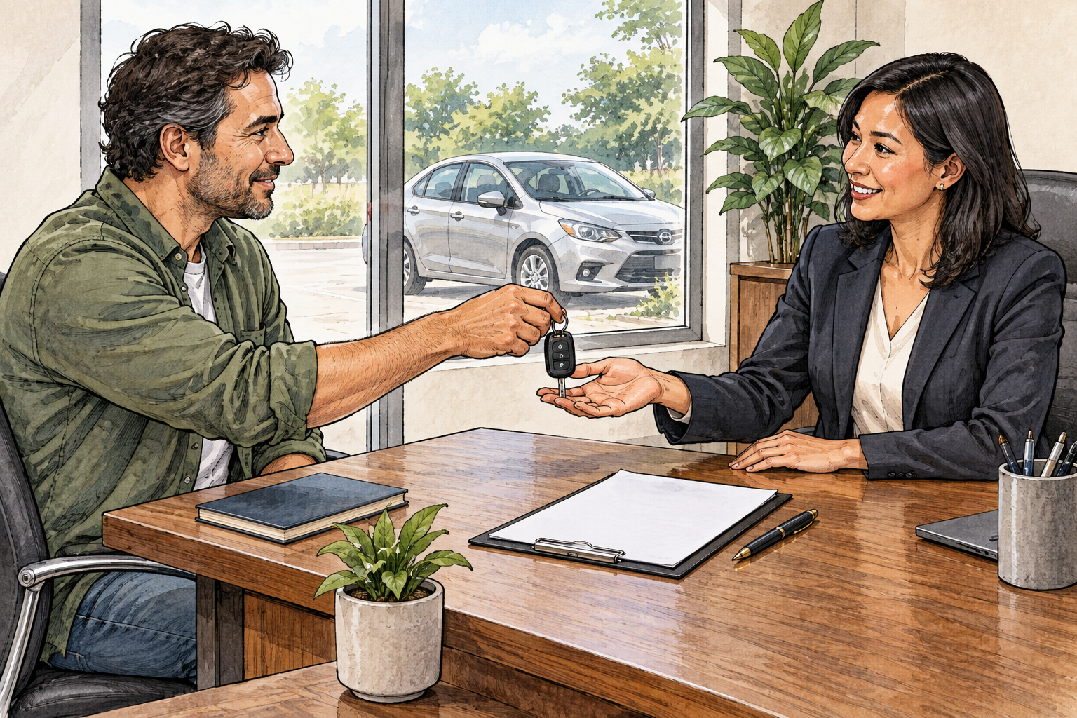 A borrower handing a car key across a bank desk beside an unlettered loan agreement, small clear car visible through window; lender and borrower seated, pledge of property, no printed terms or captions.