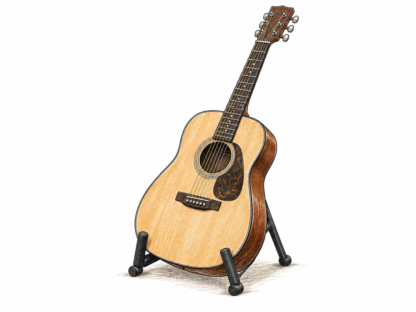 A plain acoustic guitar with six strings, fretted neck and curved wooden soundbox rests diagonally on a simple stand.