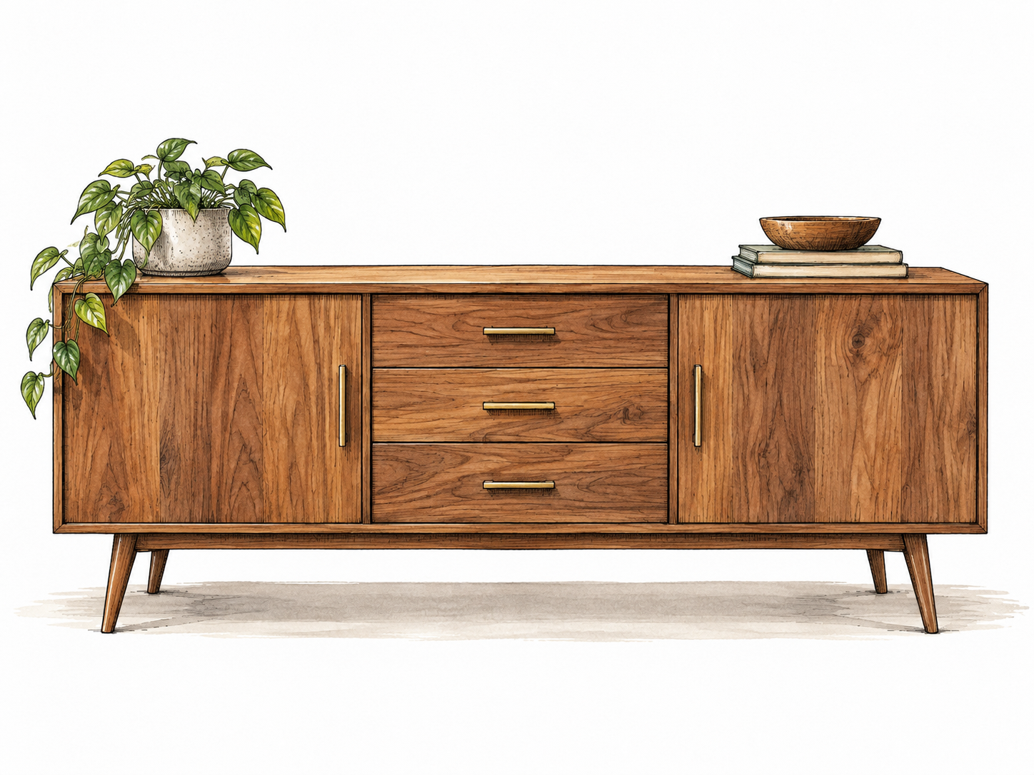 A low elegant wooden sideboard with doors and drawers against a plain wall, no desk or tall wardrobe.