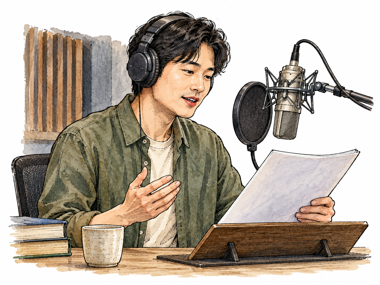 East Asian audiobook narrator reads at a studio microphone.