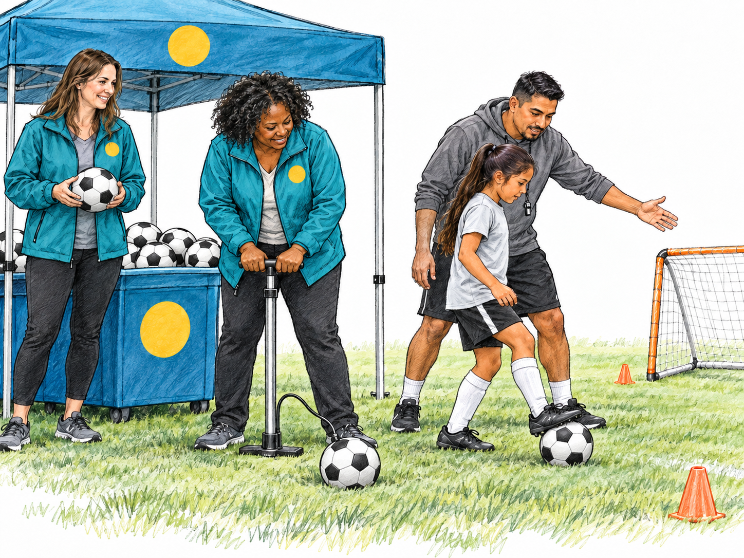 A community football practice operating with an organization's visible, ongoing support: matching organization emblems connect its staffed supply shelter, equipment, and representatives, while a coach and child actively use the supported program.