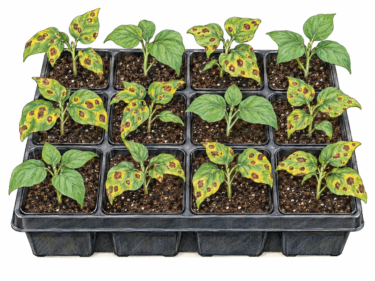 A nursery tray of separate leafy seedlings shows the same conspicuous leaf-spot damage on nearly every plant, with only a few healthy seedlings remaining.
