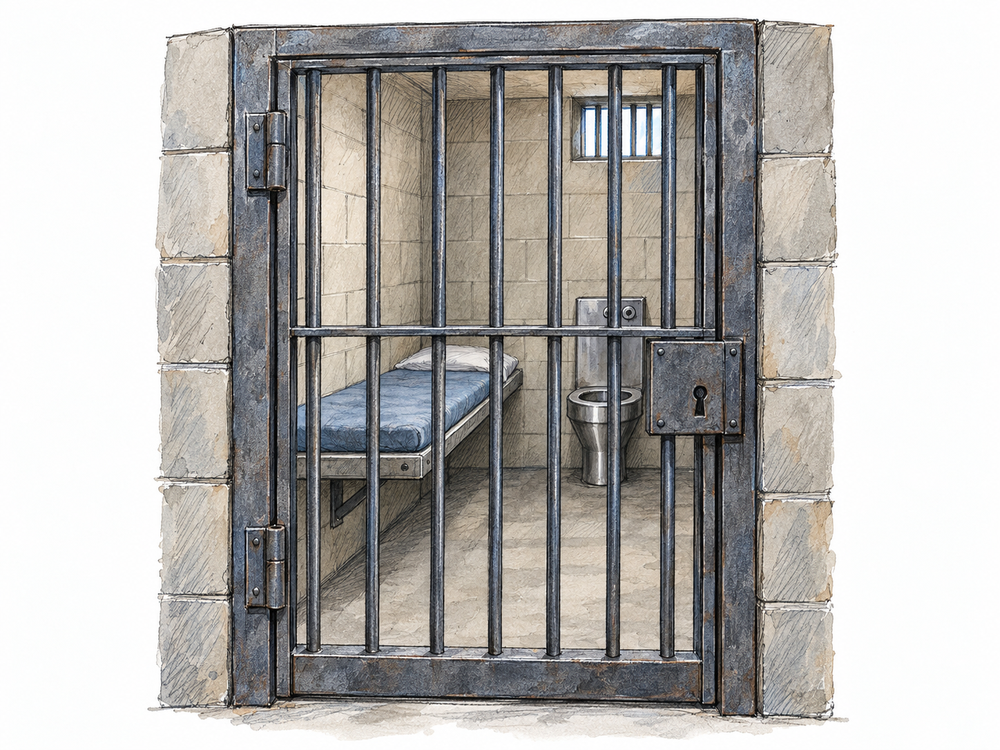 An empty jail cell seen through its closed barred door, with a substantial lock, a narrow institutional bunk and a stainless-steel toilet clearly identifying confinement rather than an ordinary barred enclosure.