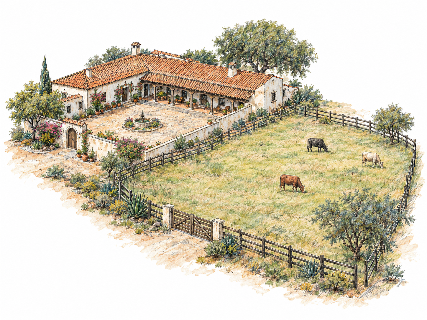 A spacious Mexican ranch estate shown through its substantial tiled-roof main house, adjoining courtyard, fenced grazing land, and a few cattle, with no people.