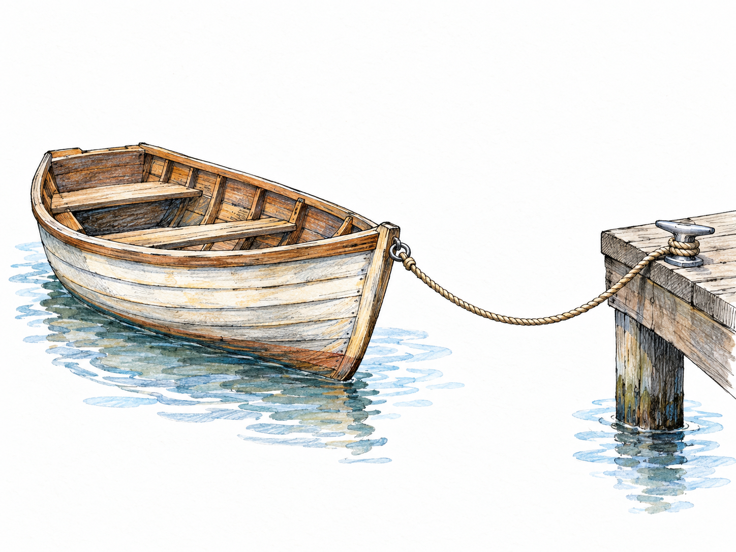 A small rowboat secured to a dock cleat by a clearly visible rope tether, with both fastening points shown.