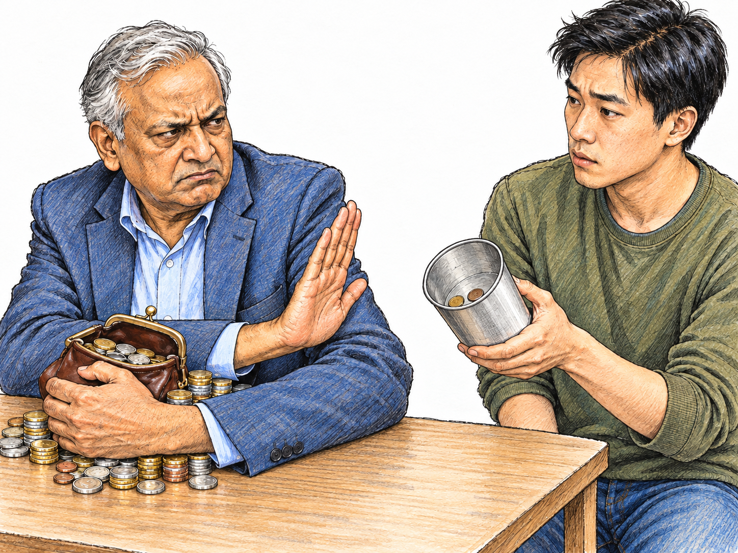 An affluent-looking man guards a substantial pile of coins and refuses a request for a small contribution, visibly contrasting his abundance with his unwillingness to give.