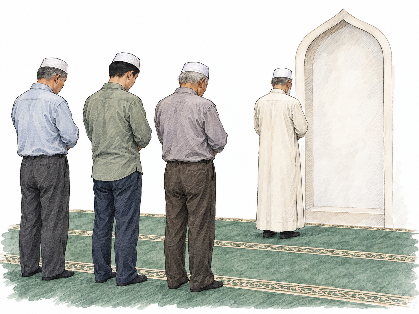 An imam stands alone at the front of a mosque prayer space, facing the mihrab, with a row of worshippers behind him performing the same standing prayer posture.