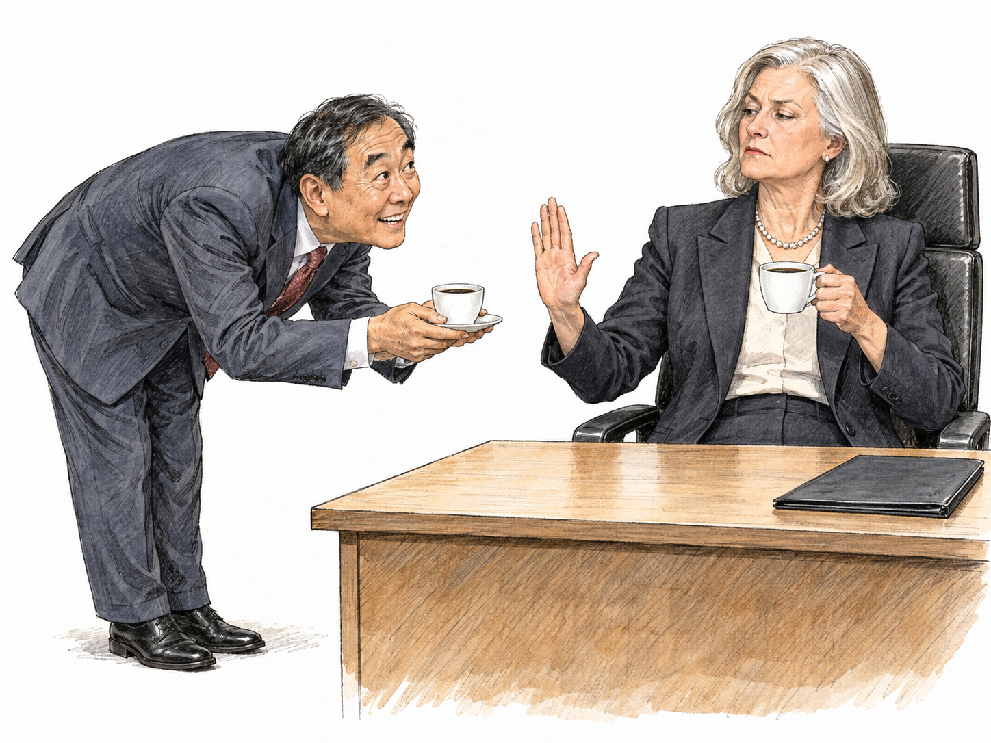An office subordinate fawns over a senior executive, bowing deeply and eagerly offering another coffee even while she holds a full cup and raises a dismissive hand.