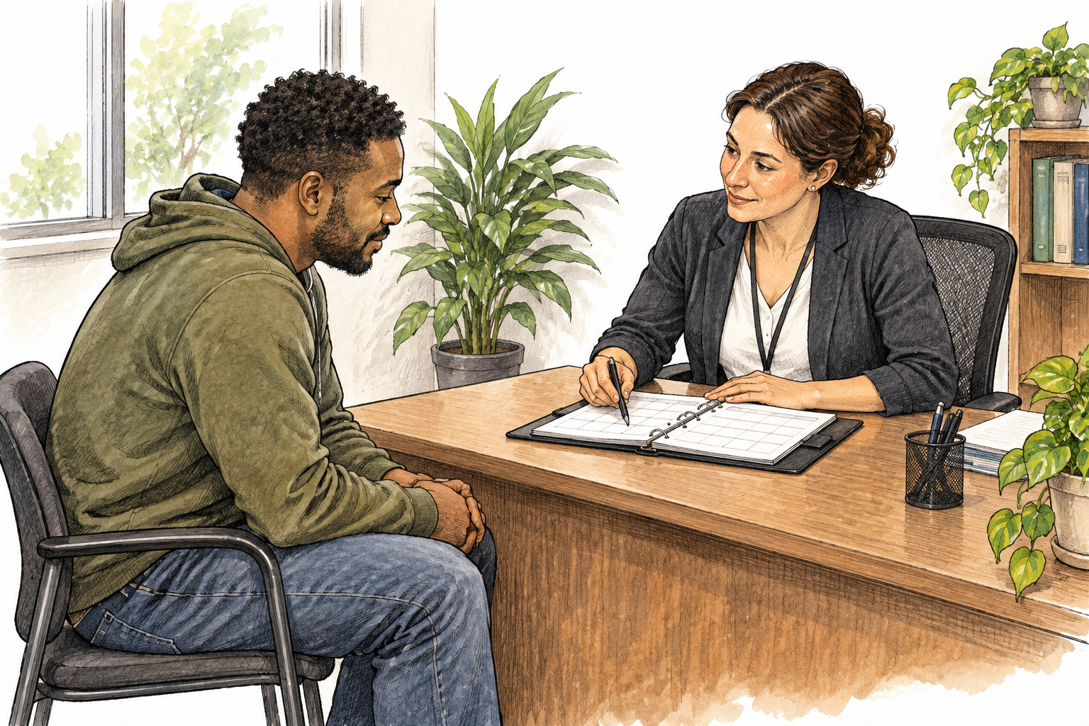 A probation officer meets calmly with an adult client in an office, checking a plain schedule while the person retains ordinary clothing and freedom, no prison imagery or writing.