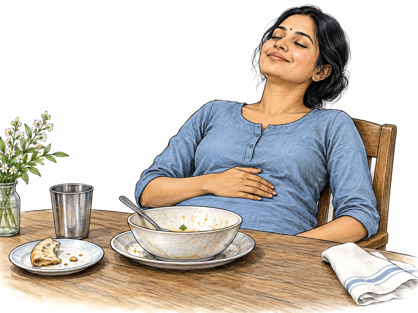 Diner finishes a nourishing meal and leans back comfortably satisfied, emptied bowl and small final piece of bread nearby, natural contentment rather than overeating caricature.