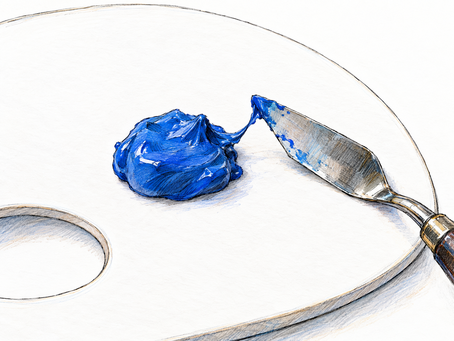 A single small, irregular glob of thick blue paint on a plain palette, with a nearby palette knife providing scale and a short sticky strand demonstrating softness.