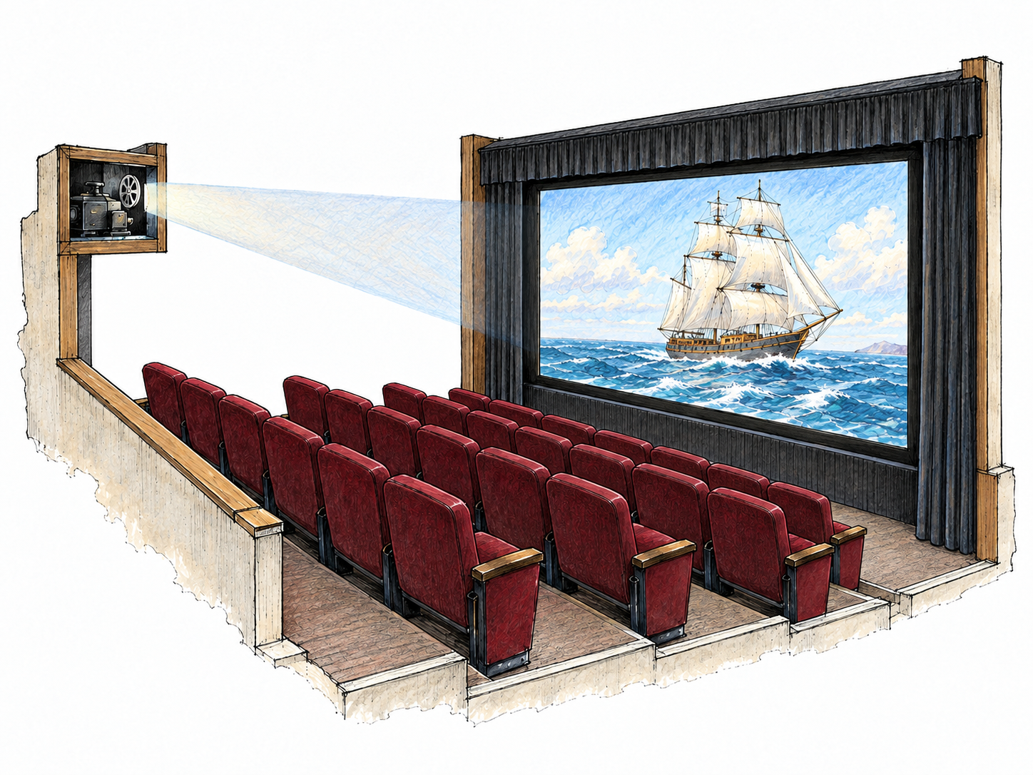 A compact cutaway of a movie theater: rows of upholstered seats face a large screen showing a cinematic ocean scene, with a visible projection beam from the rear booth.