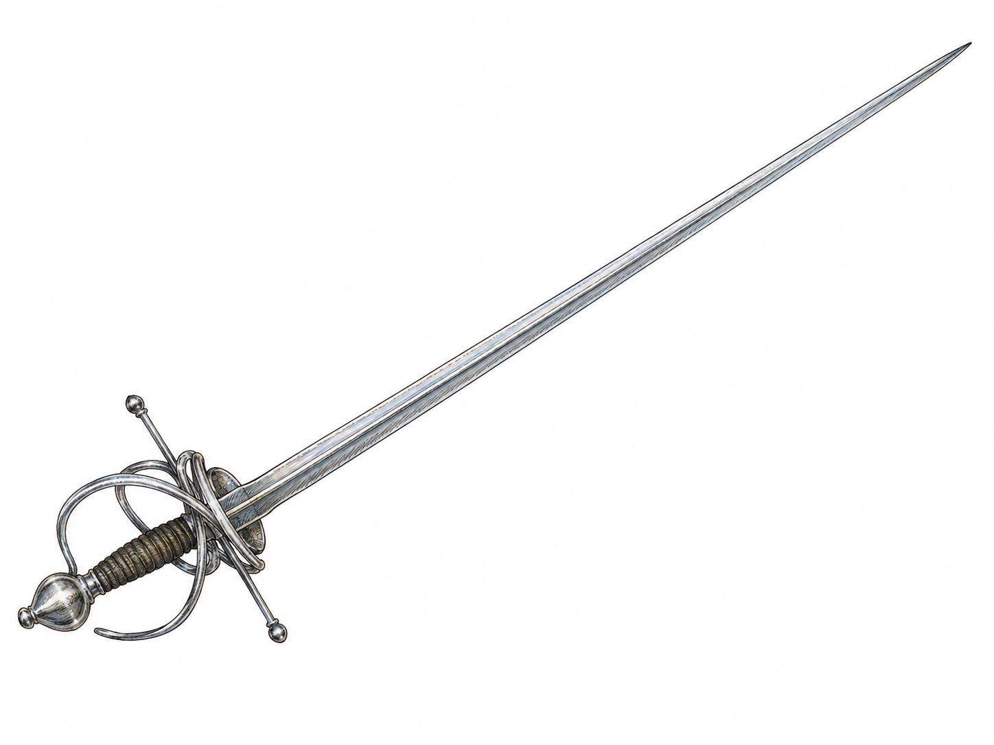 An isolated historical rapier with a long, slender, sharply pointed straight blade and an intricate swept hilt, shown large enough to distinguish it from a broad cutting sword or modern fencing foil.