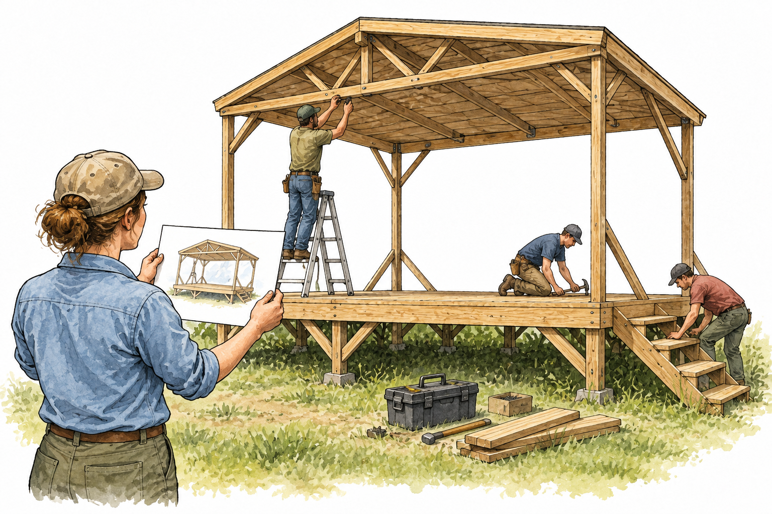 A small team successfully assembling a stage exactly like the pictorial unlettered plan held by coordinator, coordinated work and nearly complete structure, no writing.