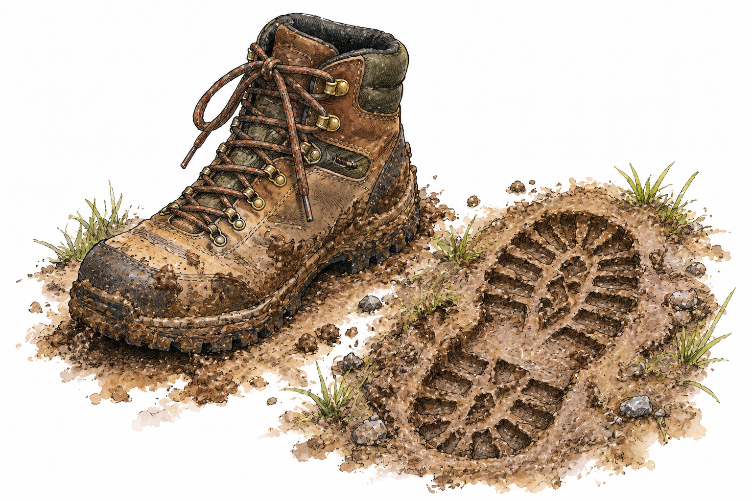 A muddy shoe beside an exactly matching footprint in soil provides clear evidence, close readable comparison.