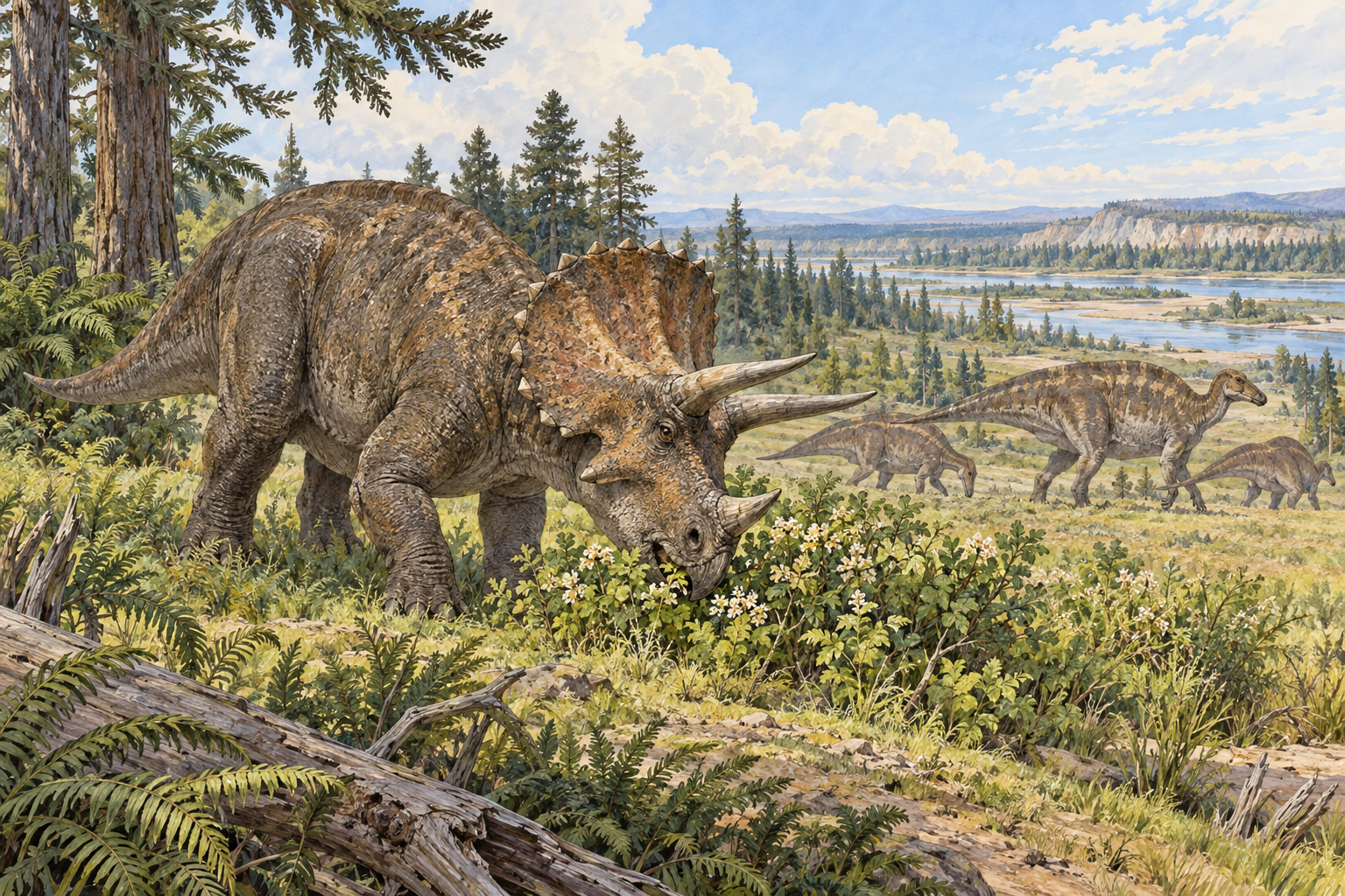 Scientifically plausible Late Cretaceous North American floodplain: a Triceratops grazes near flowering shrubs with a small group of Edmontosaurus farther behind, conifers and ferns, distant river, no humans or modern animals.