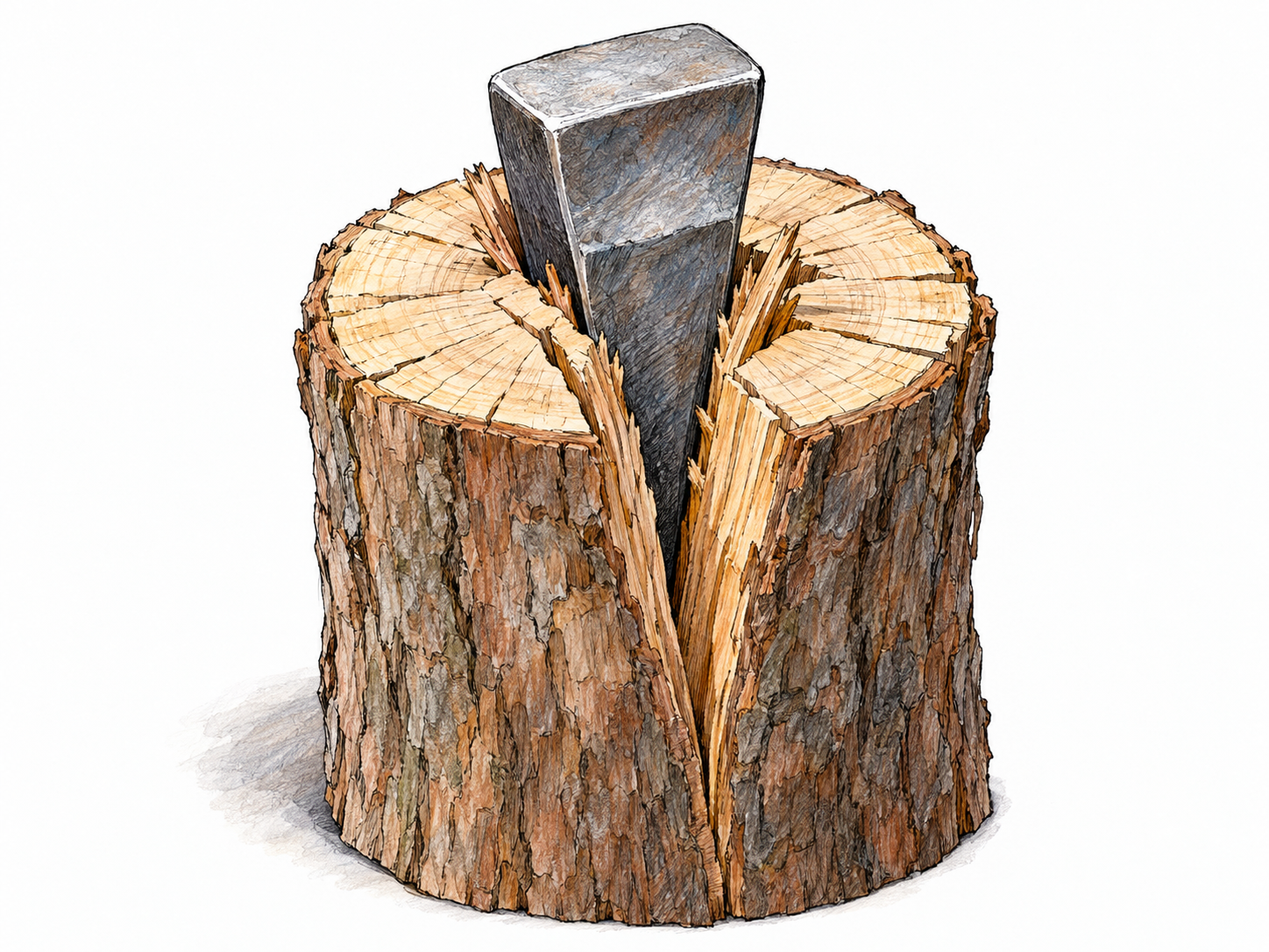A steel splitting wedge embedded in the top of a short upright log, its broad head and tapering sides visibly forcing the wood apart.