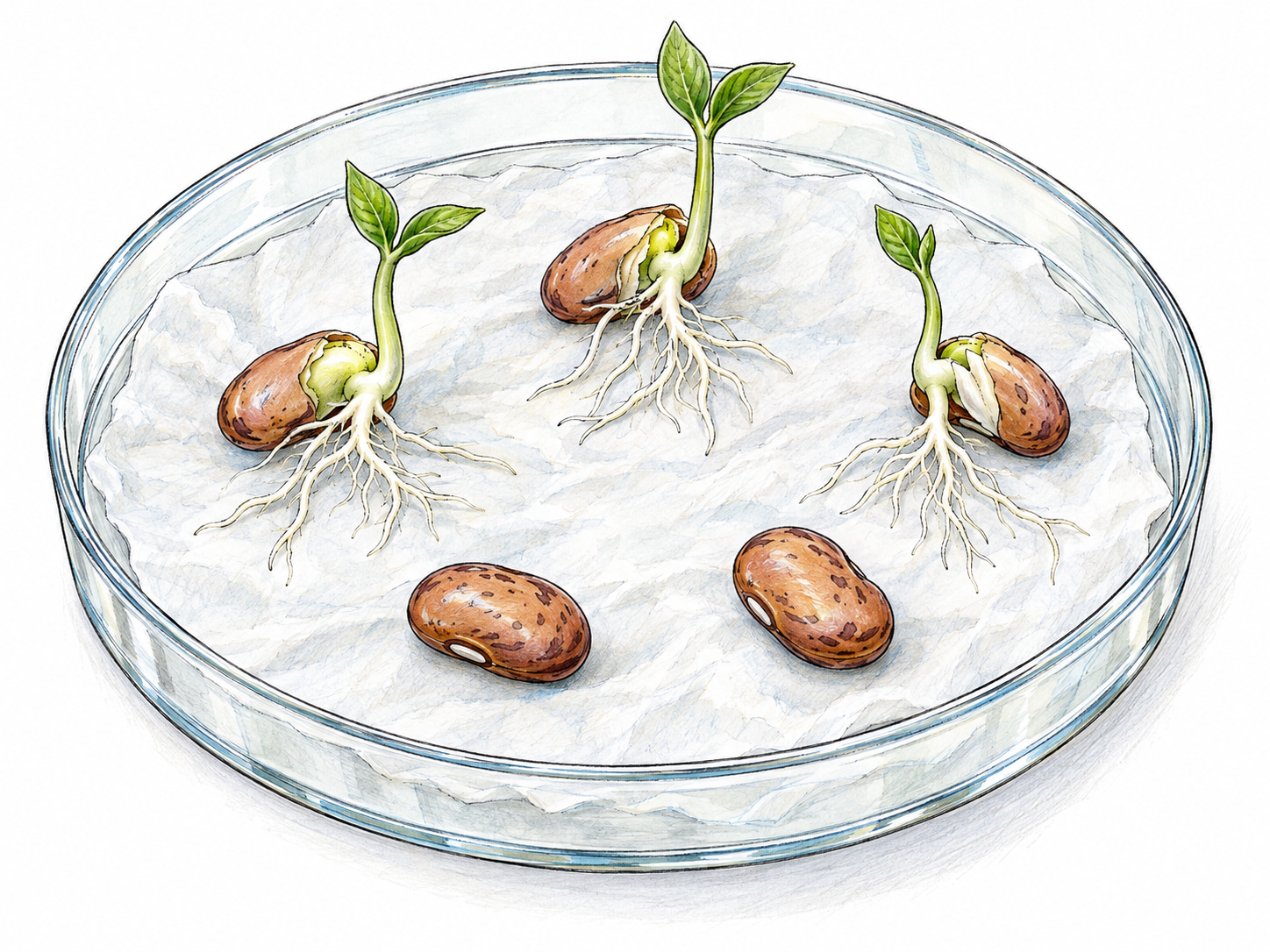 A seed-germination test makes the capacity to live visible: several seeds on damp paper have produced healthy roots and first green shoots, while two remain unsprouted.