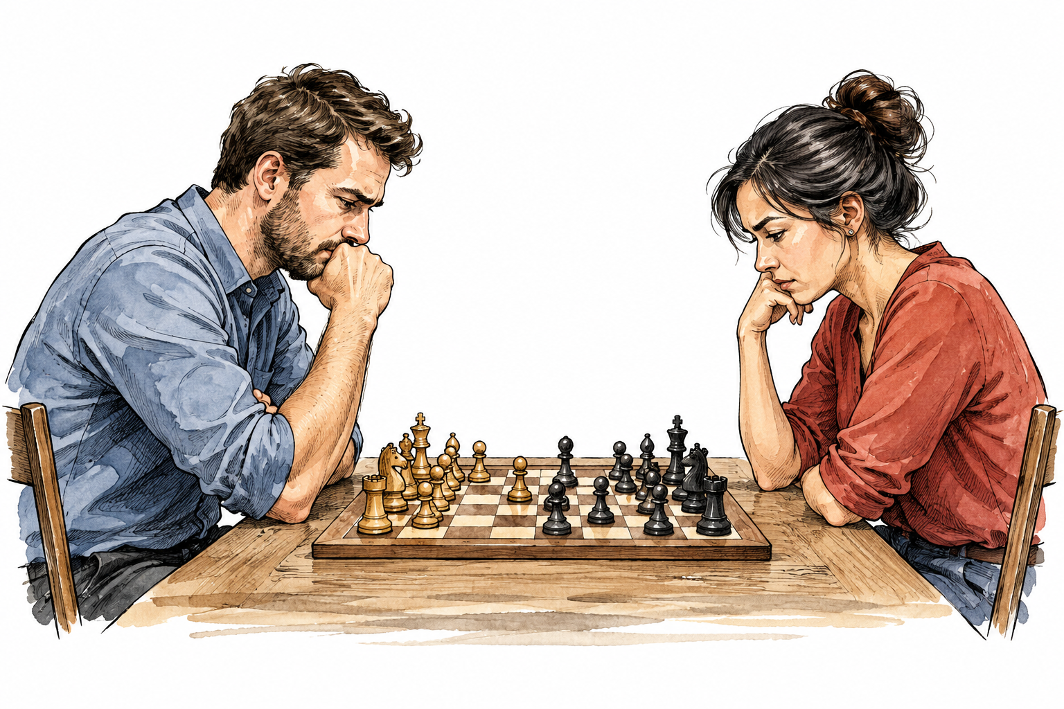 Two adult chess opponents face each other across chessboard, clearly a contest against one another.