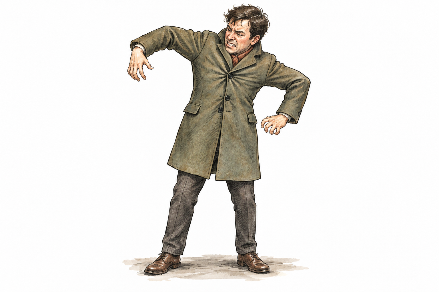 A person tries to move both arms in an overly tight stiff coat, visibly limited movement and frustrated expression, no injury.