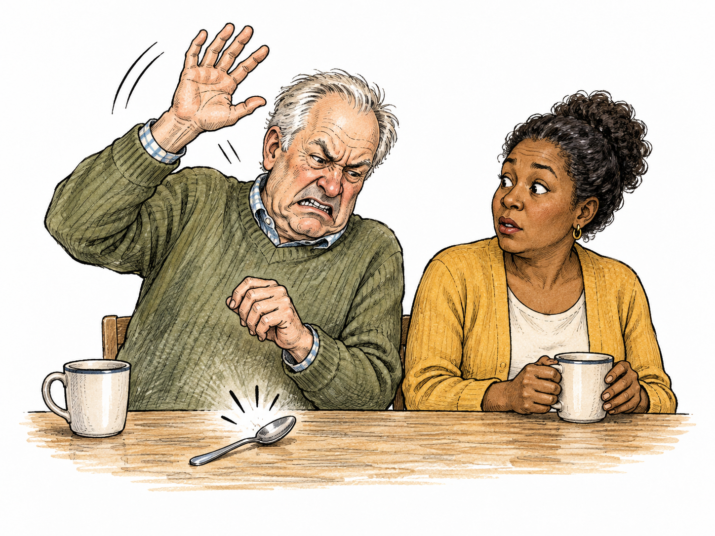 An older white man abruptly scowls and throws up one hand over a tiny harmless spoon clatter, while an adult companion looks mildly surprised.