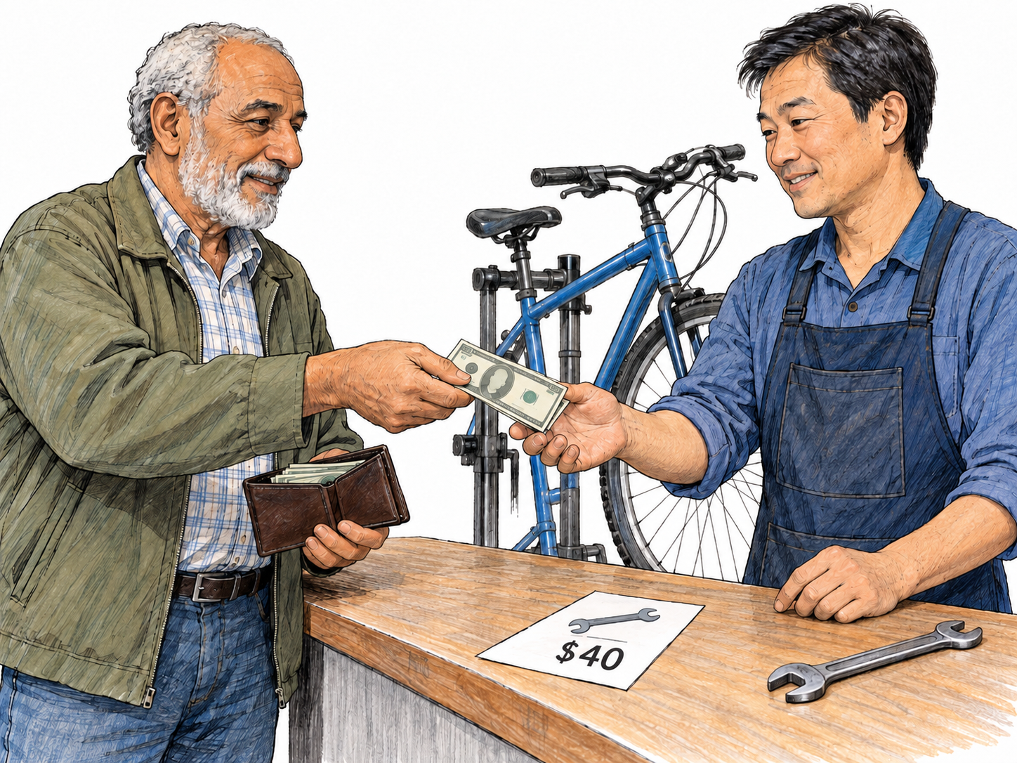 A customer pays a clearly priced bicycle-repair bill, making the money going out for a necessary service visible.