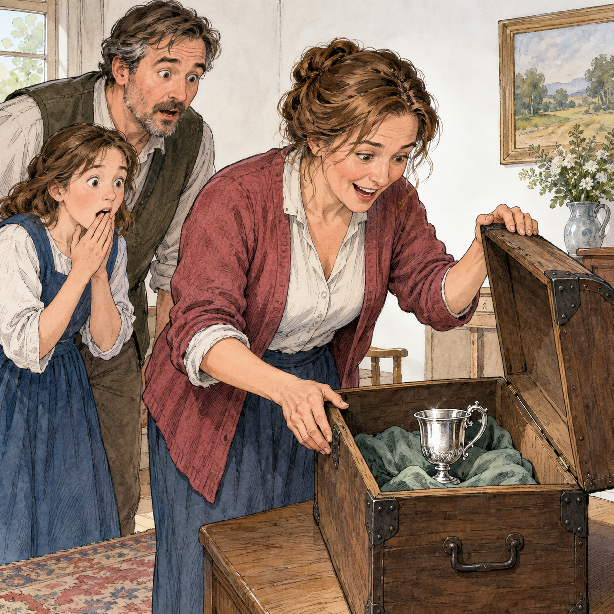 An adult white woman opens a plain storage chest and discovers the supposedly missing silver cup inside while two surprised family members look on.