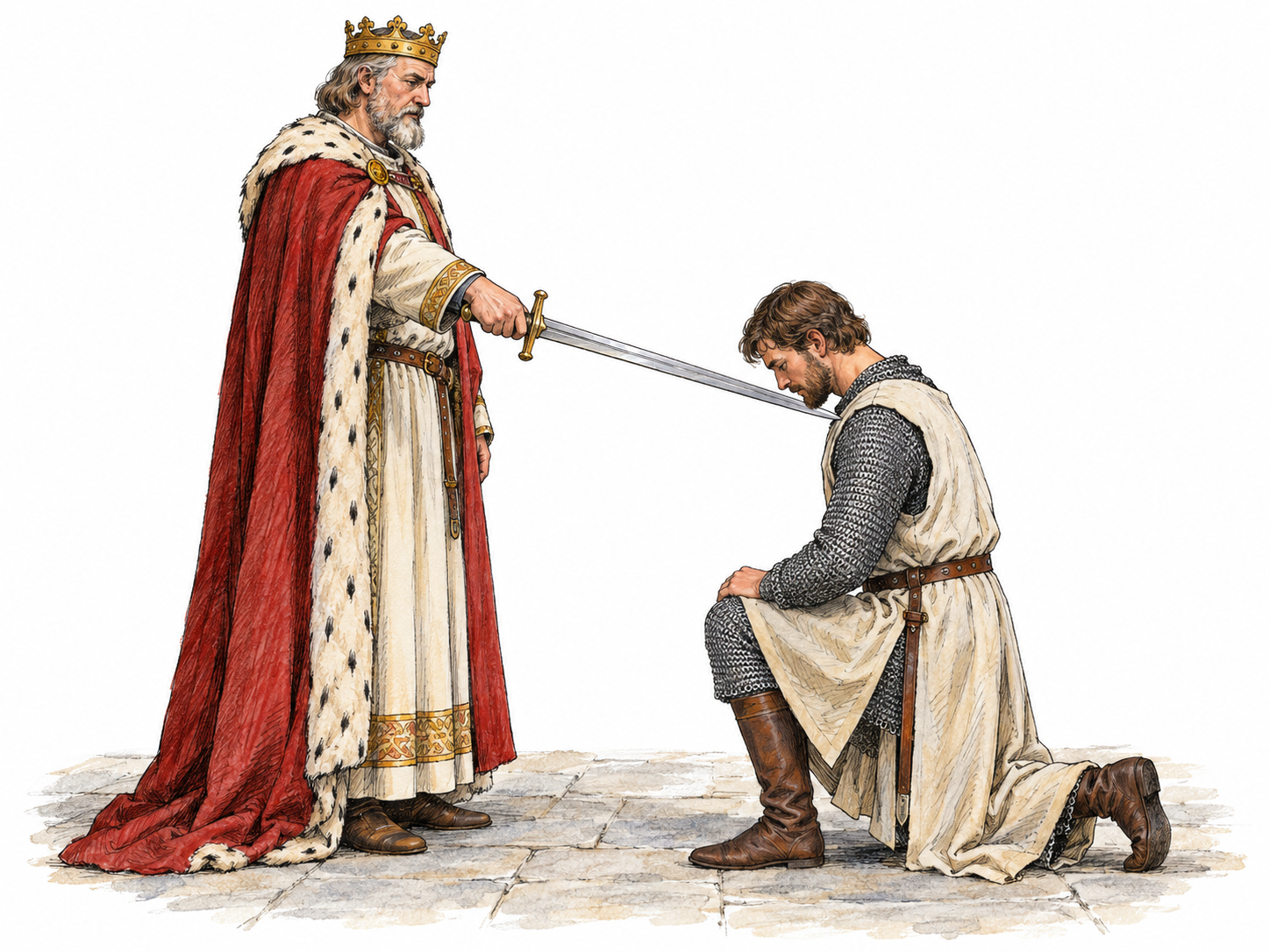 A medieval English king touches a sword flat to a kneeling man's shoulder in a knighting ceremony, visibly bestowing a title.