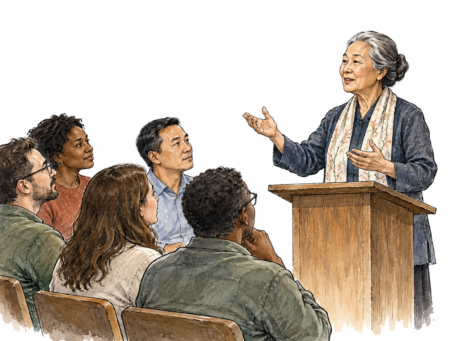 An older East Asian woman addresses a listening civic group with evident respect and influence.