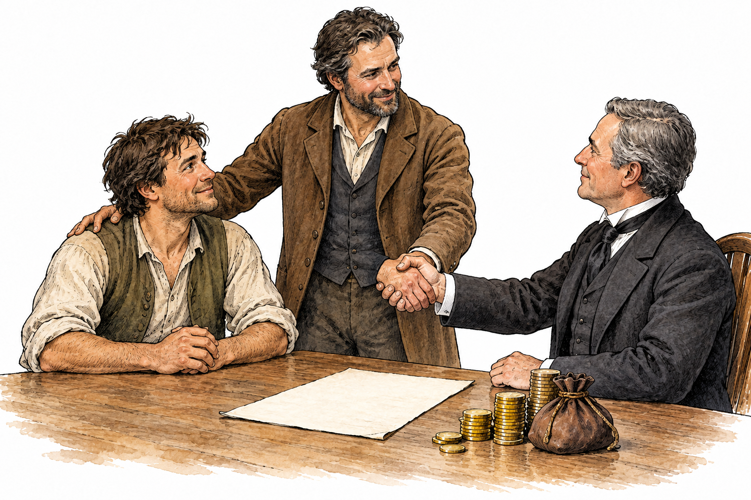 A guarantor stands beside a borrower and offers a reassuring handshake to a lender over a blank obligation document and coins, guarantee relationship clear.