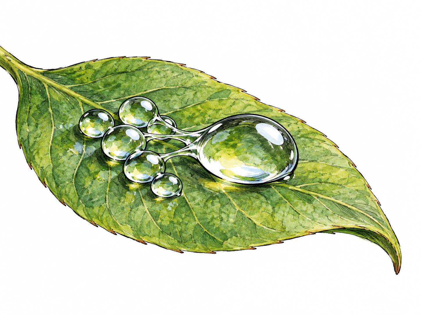 A cluster of water droplets coalesces into one larger rounded drop on a leaf, sticking-together cohesion visible, no labels.