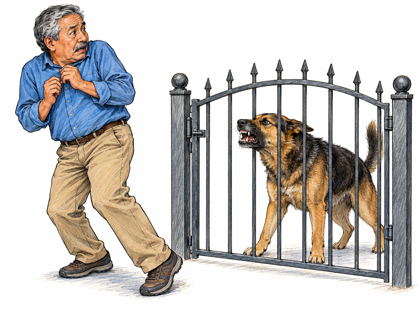 An older man visibly shrinks backward from a snarling dog across a closed garden gate, hunching his shoulders and drawing his hands protectively toward his chest.