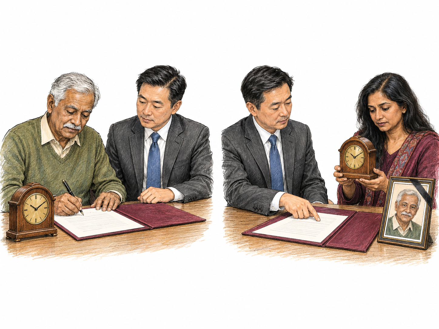 A compact two-stage scene shows a man formally arranging the disposal of his property, followed by the same legal professional passing his distinctive clock to a beneficiary after his death.