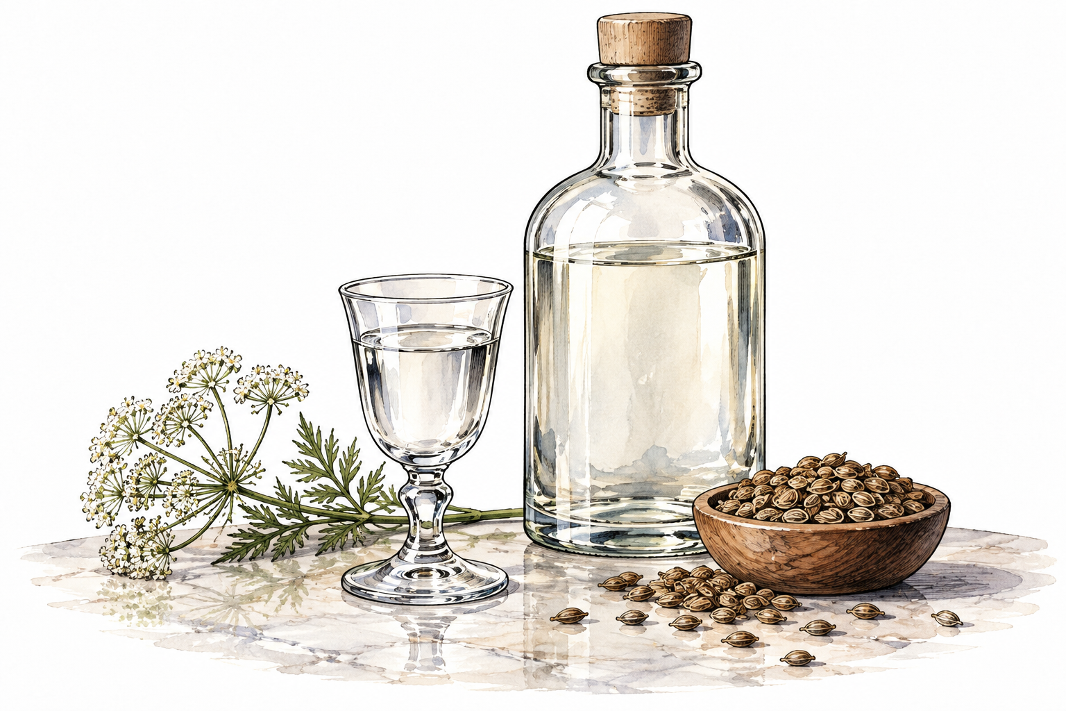A small glass of clear sweet anisette liqueur beside an unmarked bottle and oval anise seeds, elegant tabletop, no text.