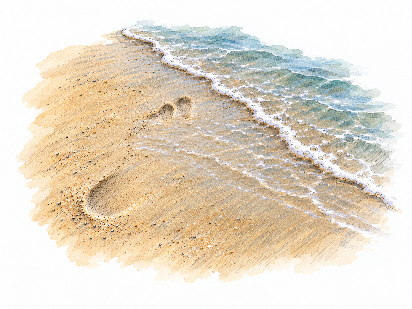 A nearly washed-away barefoot footprint at the waterline: only a shallow heel hollow and two faint toe impressions remain, while a thin receding wave has smoothed away the rest.