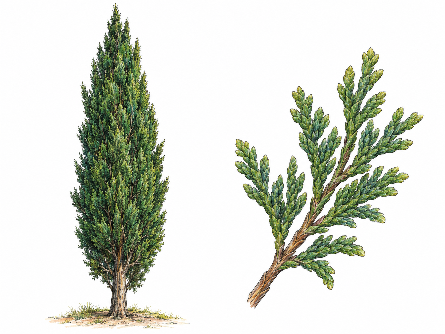 A single evergreen cypress tree with a narrow upright crown, accompanied by one enlarged foreground sprig showing the tiny overlapping scalelike leaves clearly.