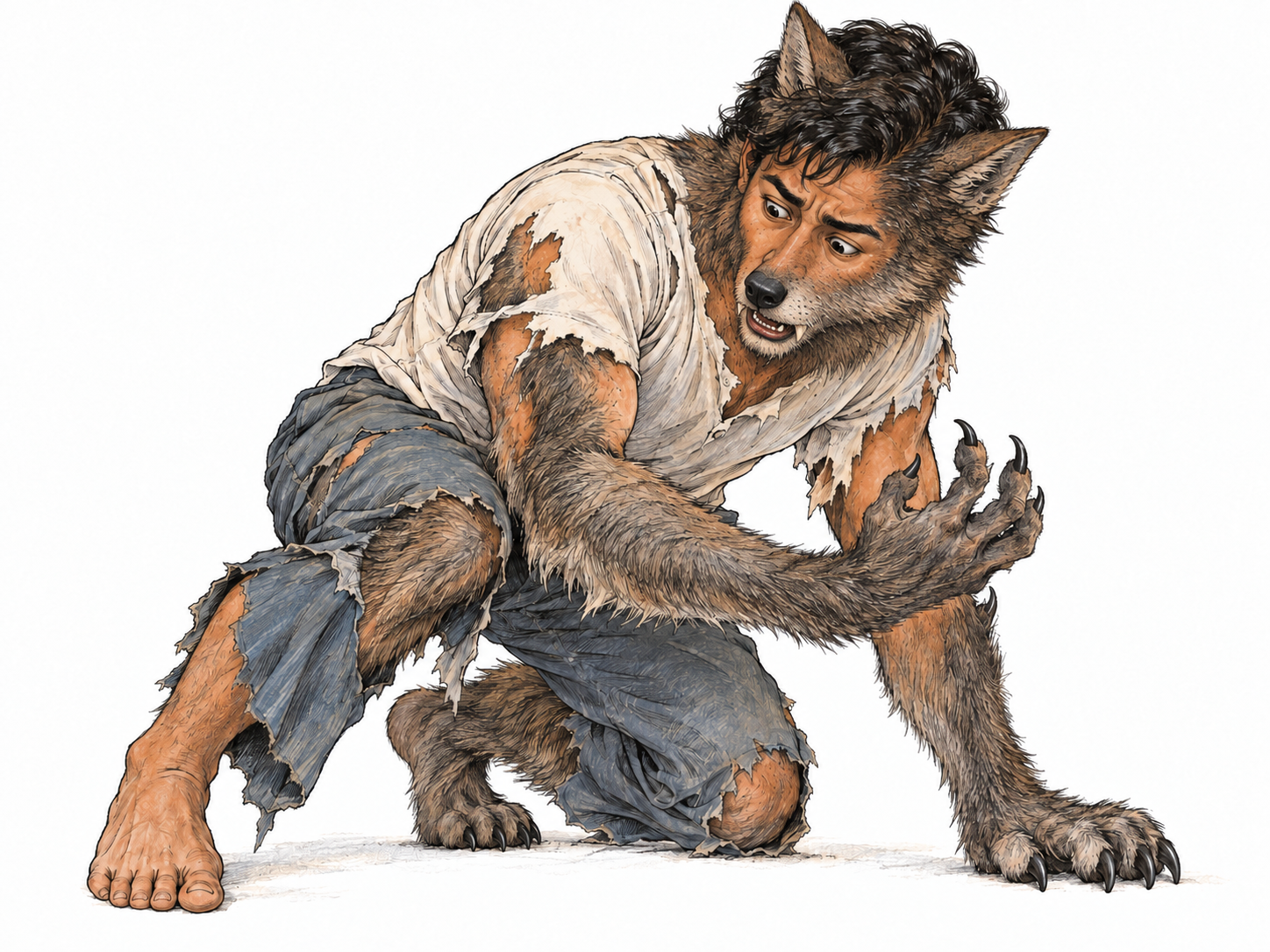 A single young man visibly transforming into a wolf, with a recognizably human face and torso giving way to a wolf muzzle, pointed ears, fur, and wolf-shaped limbs.